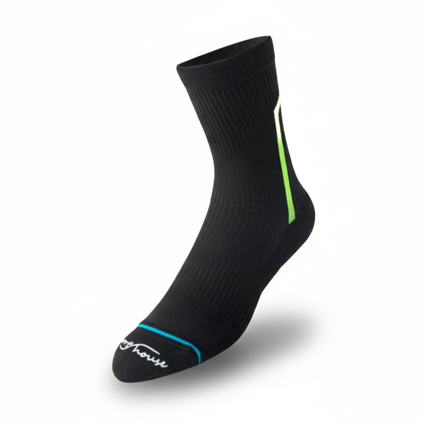 Black and grey crew length cycling socks with arch support for road cycling