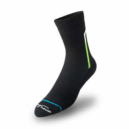 Black and grey crew length cycling socks with arch support for road cycling