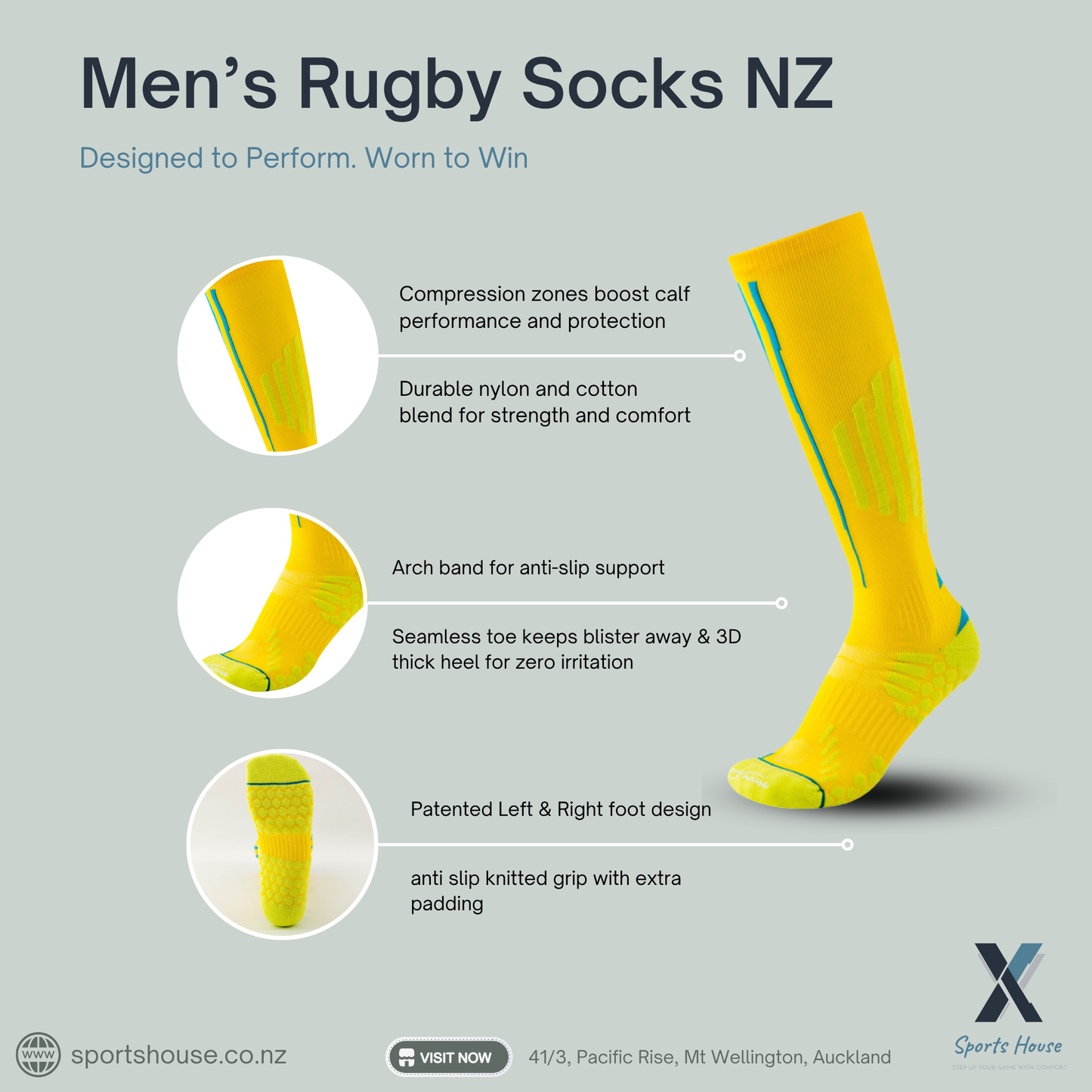 Mens rugby socks NZ with anti bacterial nylon cotton blend