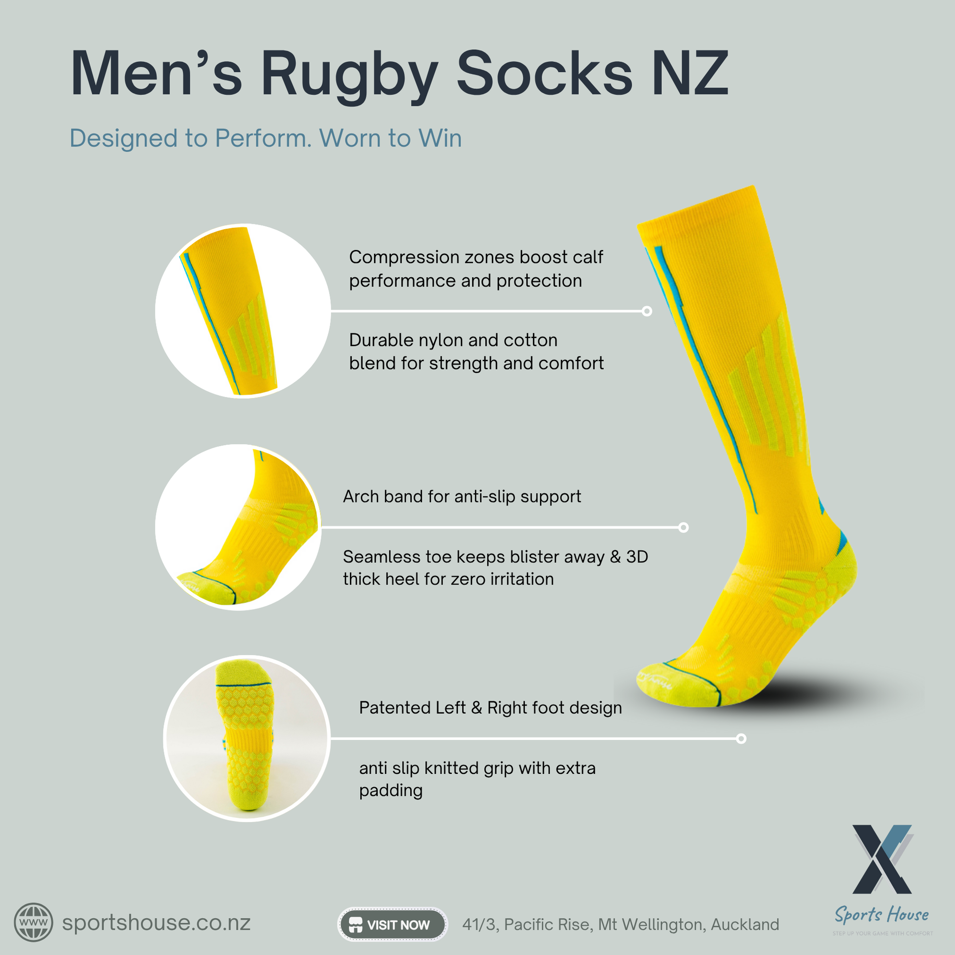 Mens rugby socks NZ with anti bacterial nylon cotton blend