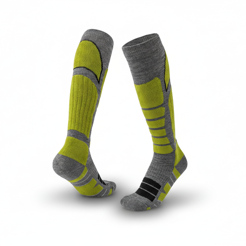 Men’s merino wool ski socks designed for warmth comfort and moisture control in alpine conditions.