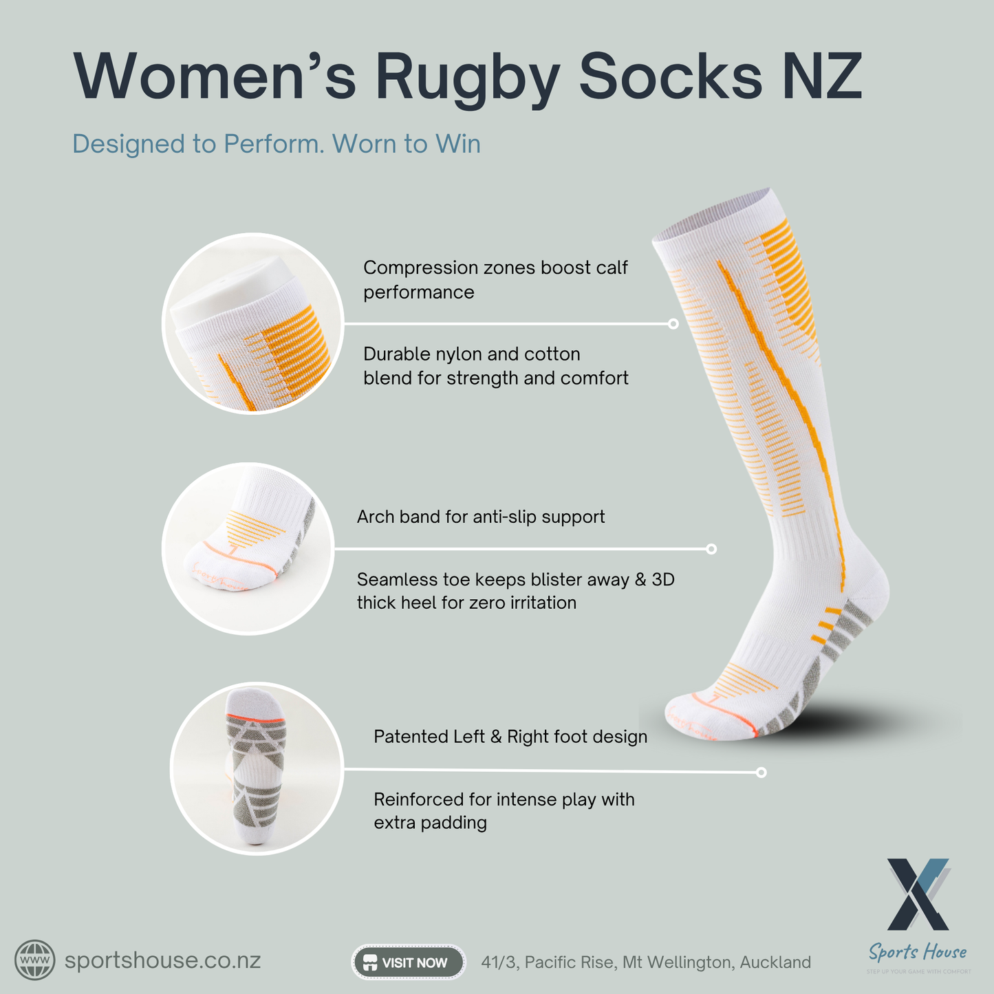 SportsHouse NZ women’s rugby socks built for strength, comfort and durability