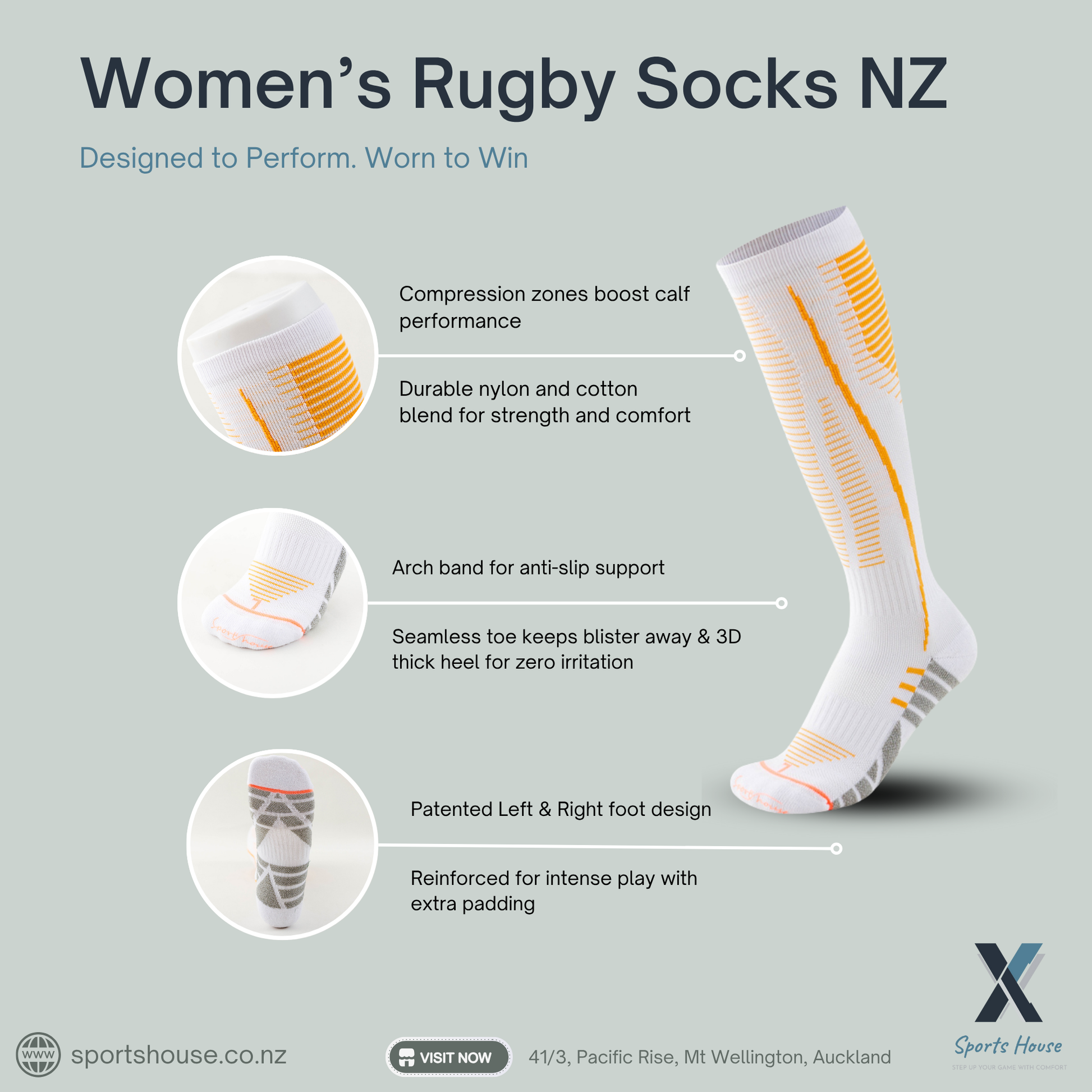 SportsHouse NZ women’s rugby socks built for strength, comfort and durability