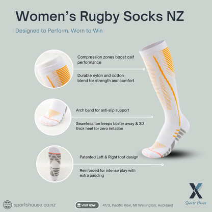 SportsHouse NZ women’s rugby socks built for strength, comfort and durability