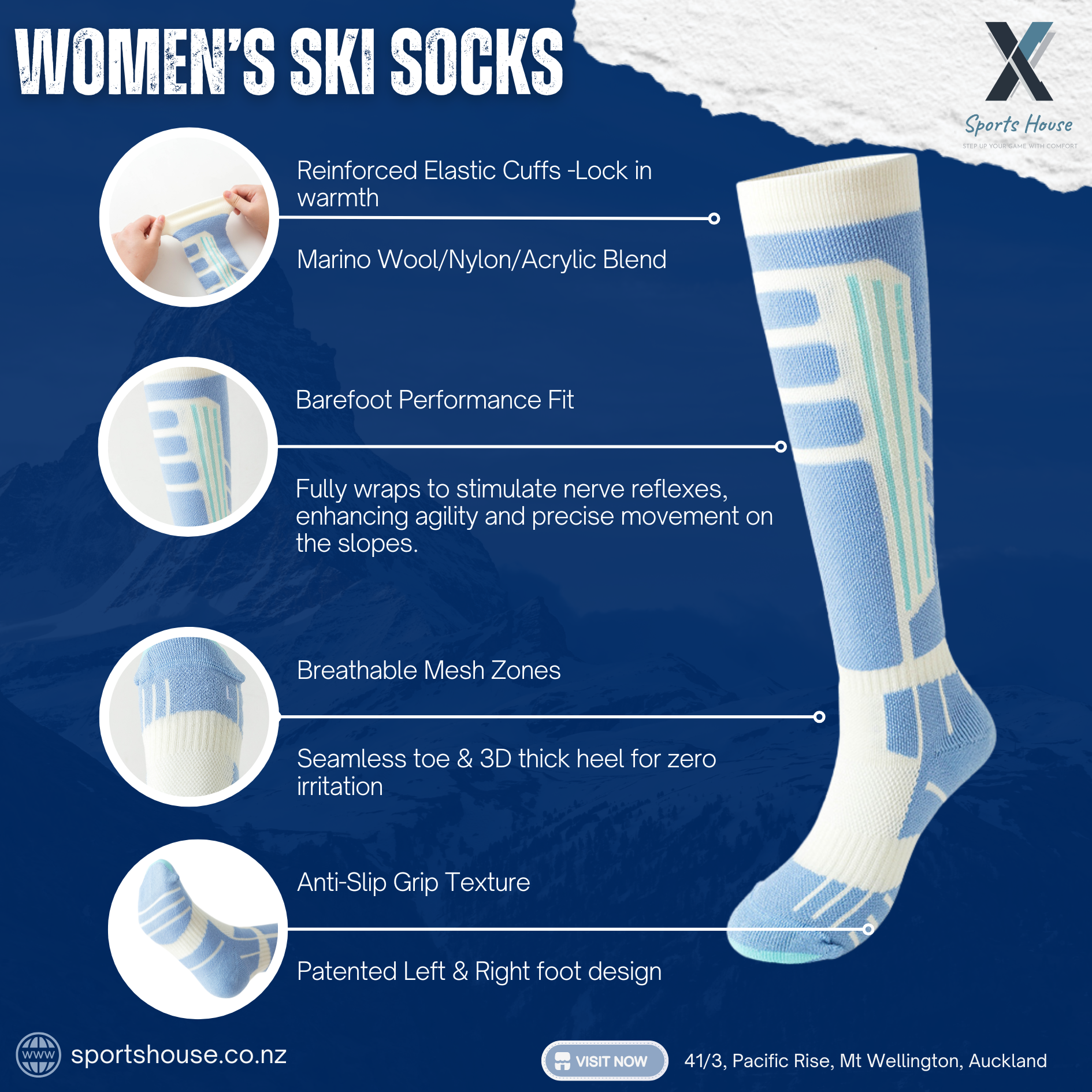 Women’s performance ski socks with cushioned heel and arch compression support for ski boots