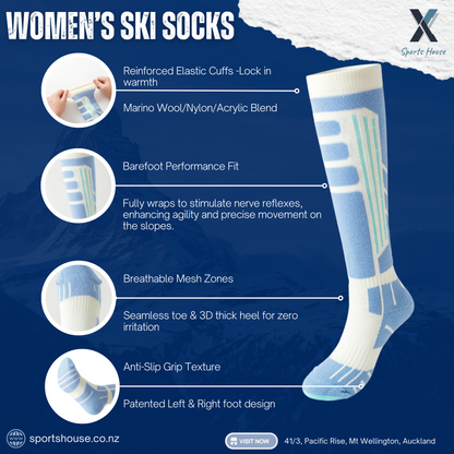 Women’s performance ski socks with cushioned heel and arch compression support for ski boots